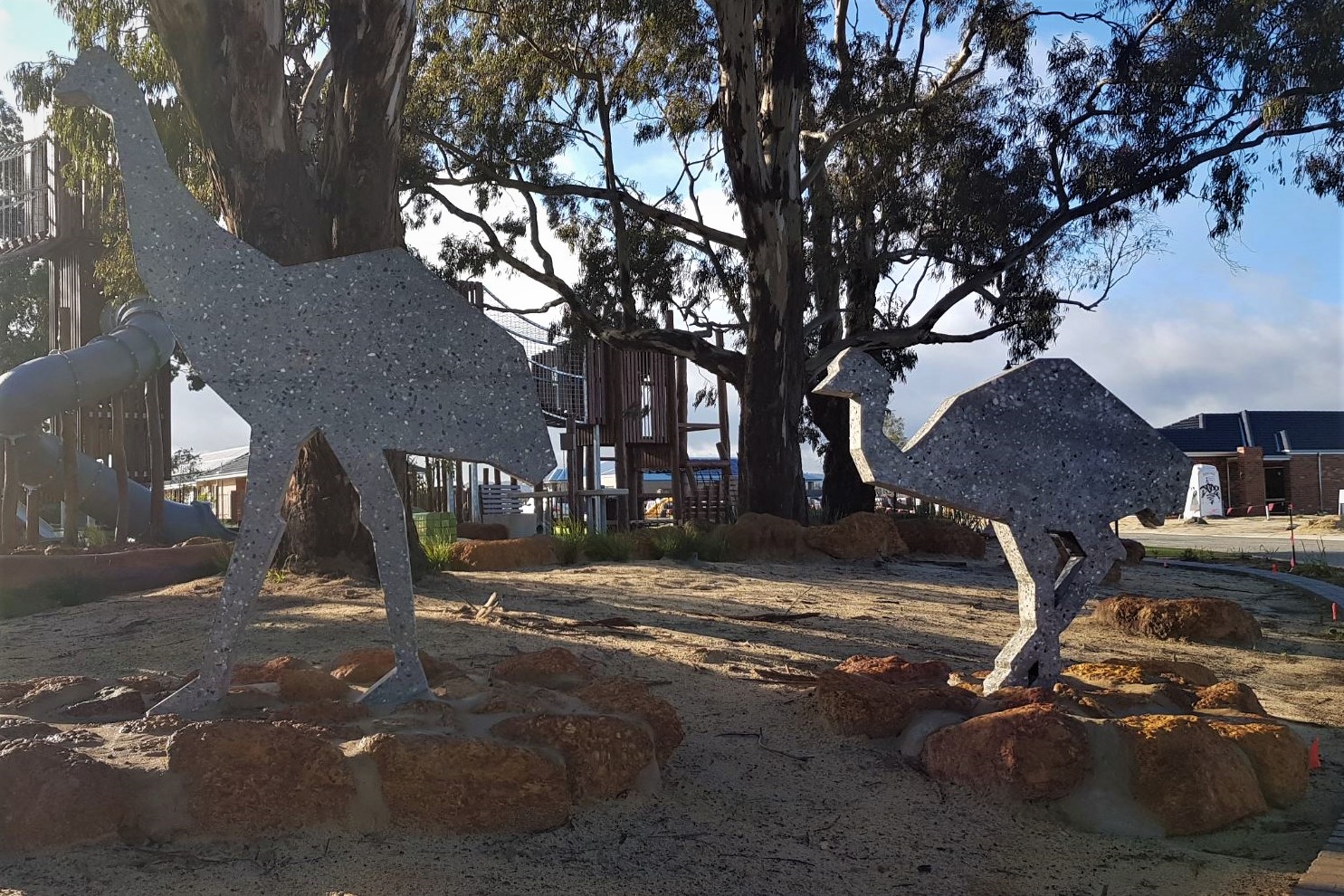 Large and small emu climable concrete cut outs.